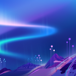 On a purple-blue gradient background is an illustration of a mountain range, with beams of light topped with nodes that represent agents. There's an aurora in the sky.