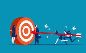 Illustration showing a team of people hitting a bullseye with an arrow indicating their target market for business.