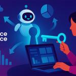 Illustration of a woman holding a key at her laptop, activating an AI agent robot