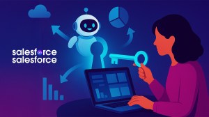 Illustration of a woman holding a key at her laptop, activating an AI agent robot