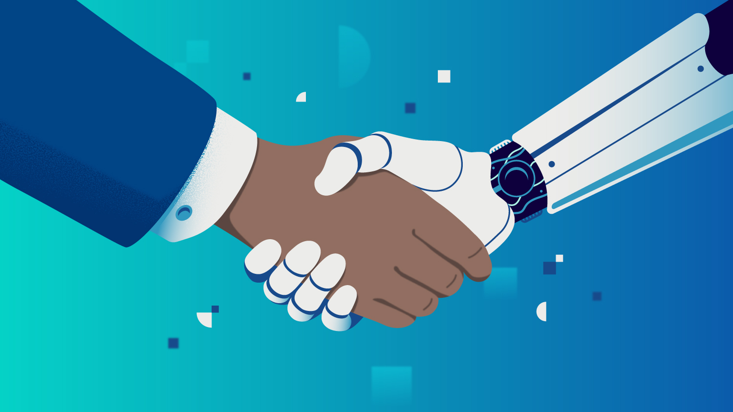 An illustration showing a handshake between a robotic hand and a human hand.