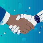 An illustration showing a handshake between a robotic hand and a human hand.