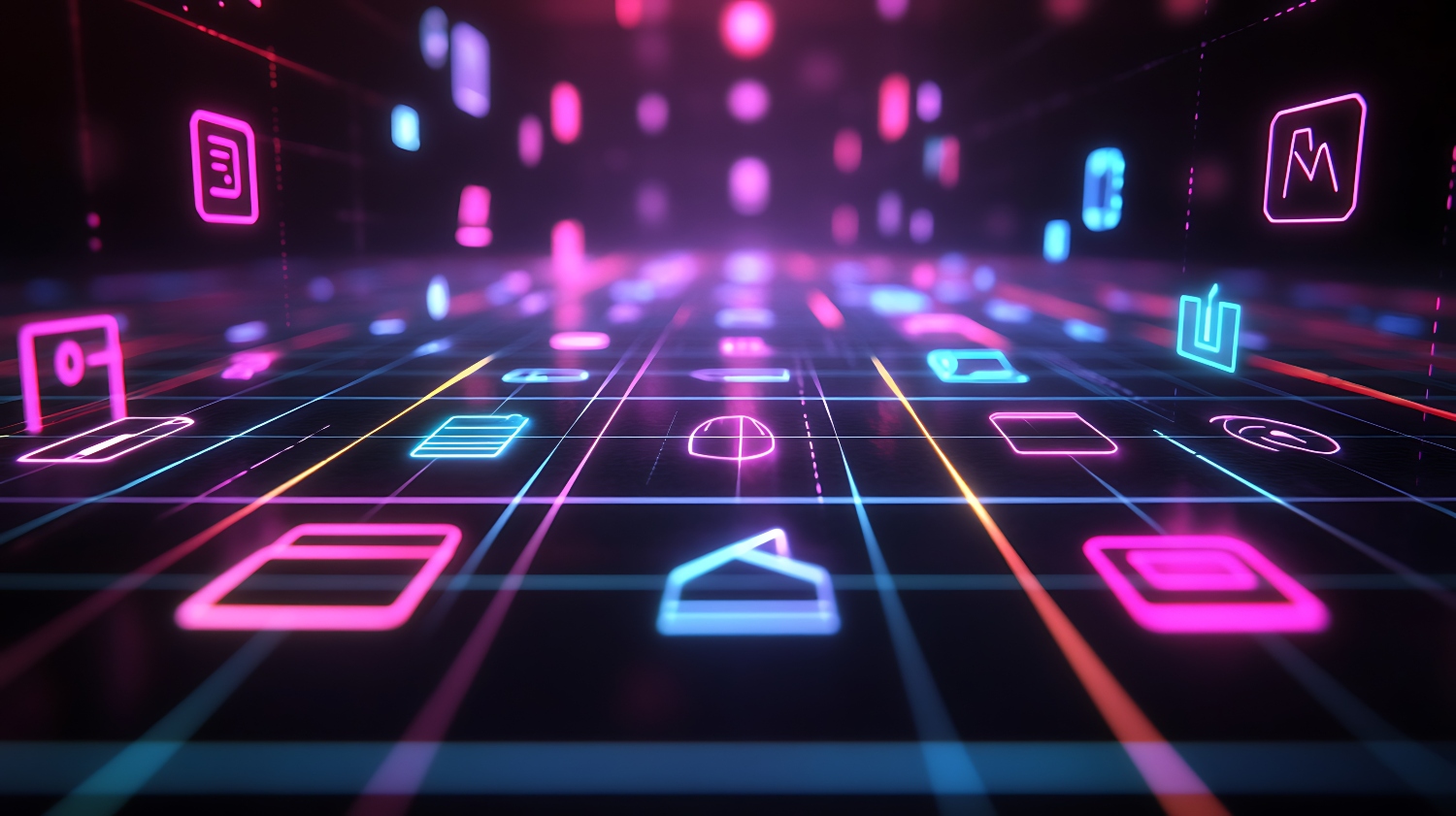 Illustration showcasing applications in a digital space for SMBs to choose from in neon colors.