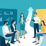 Illustration of Small business owners creating a case study with client testimonials and results data on two boards with a growth arrow.