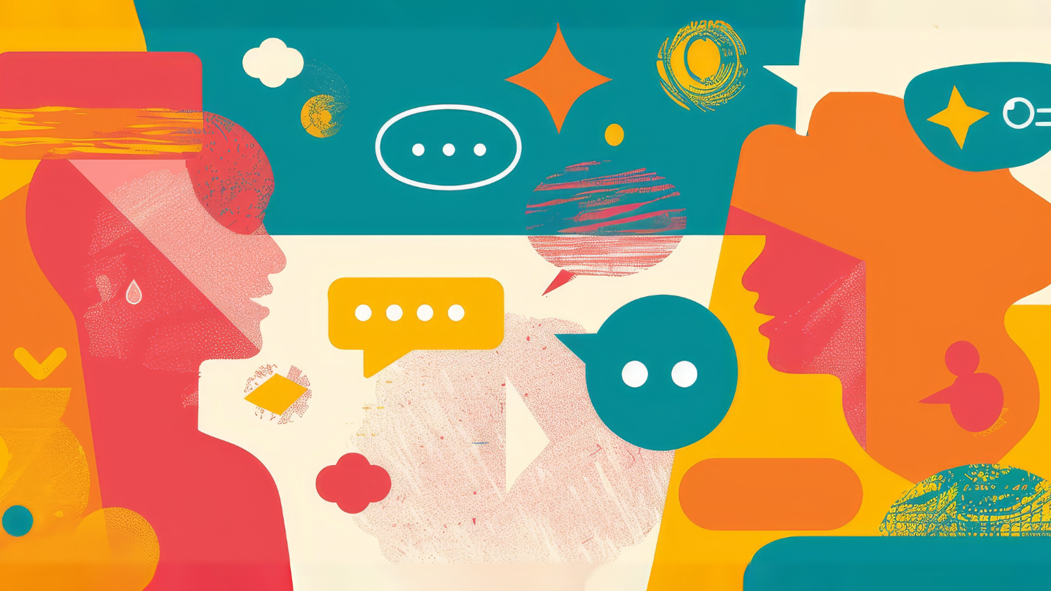 Colorful, flat illustration of two people in profile talking to each other, representing conversation design. There are different styles of speech bubbles floating between them.
