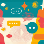 Colorful, flat illustration of two people in profile talking to each other, representing conversation design. There are different styles of speech bubbles floating between them.