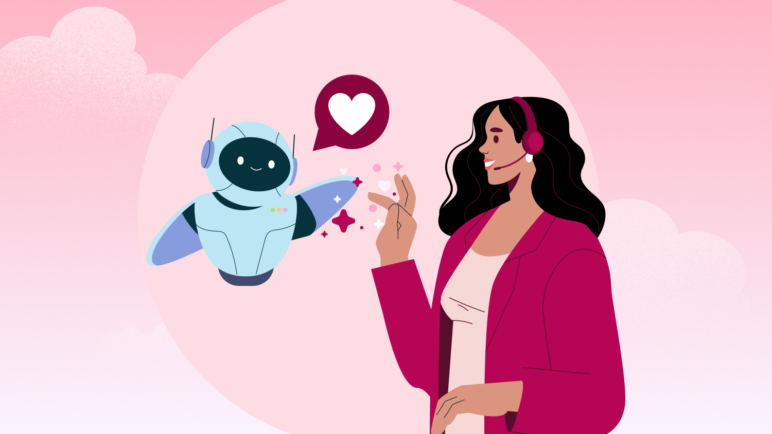 [Illustration] An AI agent high-fives a female customer service rep.
