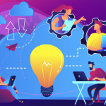 On a purple gradient background are four illustrations of people working at computers situated around an oversized lightbulb superimposed on a large blue cloud signifying hybrid collaboration.