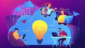 On a purple gradient background are four illustrations of people working at computers situated around an oversized lightbulb superimposed on a large blue cloud signifying hybrid collaboration.