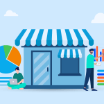 An illustration showing a small business deciding on HubSpot CRM alternatives through icons and a storefront.