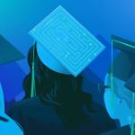Illustration of graduates at a graduation ceremony, wearing graduation caps / AI and entry level jobs