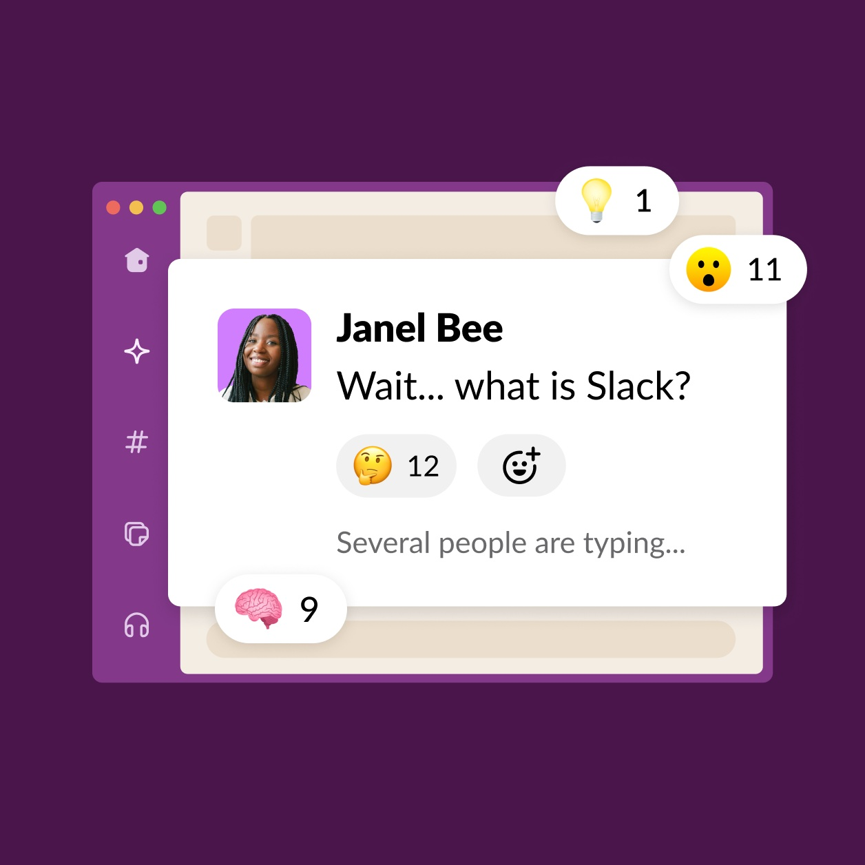 Pop-out Slack message on a purple background featuring a woman's avatar asking "Wait...what is Slack?"