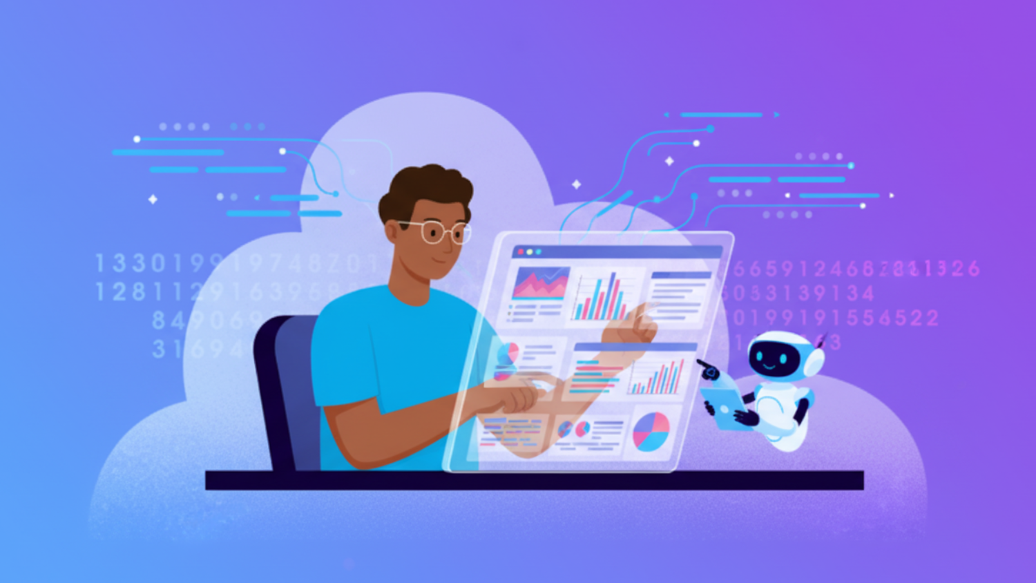 Collaborative AI work scene with a person and robot interacting with data visualizations, depicting the balance between automation and human oversight.