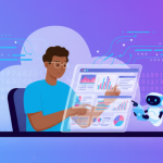 Collaborative AI work scene with a person and robot interacting with data visualizations, depicting the balance between automation and human oversight.