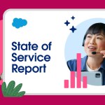 A service representative speaking into a headset besides the words "State of Service Report."