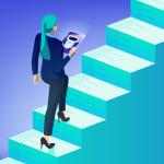 A woman in business attire walks up a staircase whose surface resembles a ruler: AI agent evaluation