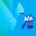 Man in harness cleaning data from a wall of numbers