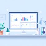 Illustration of a dashboard computer using task management tools on a desk with plant and lamp.