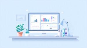 Illustration of a dashboard computer using task management tools on a desk with plant and lamp.