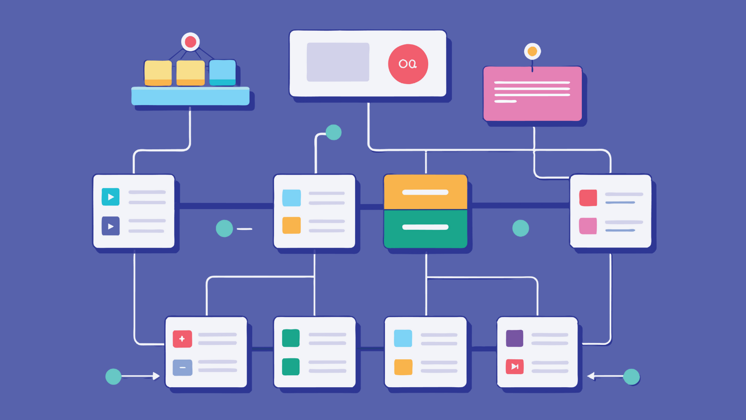 A colorful illustration depicting a customizable sitemap with various content sections, showing the navigation flow and organization of different media types.