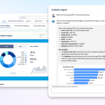 Screenshot showing side-by-side interfaces of Salesforce CRM Analytics and an enlarged agent chat window powered by Concierge in Tableau Next, both displaying data visualizations related to analyzing promotion tactics.