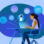 An illustration of a woman working at a laptop with icons suggesting agentic AI surrounding her