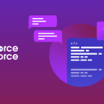 Illustration of code on top of a purple and magenta gradient background, with Salesforce on Salesforce logo