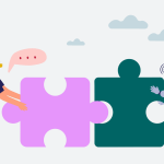 Illustration of person on the left pushing a large puzzle piece into another puzzle piece pushed by a robot.