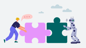 Illustration of person on the left pushing a large puzzle piece into another puzzle piece pushed by a robot.
