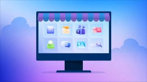 Logos of ten alternatives to Microsoft Teams arranged in the window of a small business.