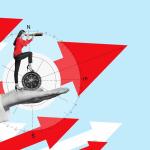 A female business owner standing on raised arrows of red and white, with a compass in the middle, looking through a spyglass ahead.