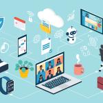 Illustration of AI tools for project management with icons for computers and AI chatbots on a blue background.