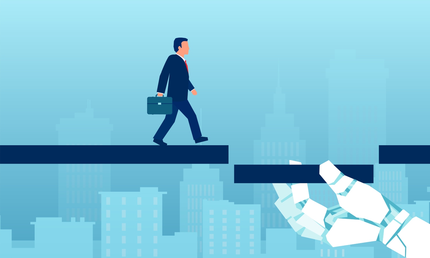 Illustration of a small business owner walking on ledges an AI arm holds up on a blue background.
