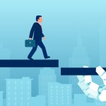 Illustration of a small business owner walking on ledges an AI arm holds up on a blue background.