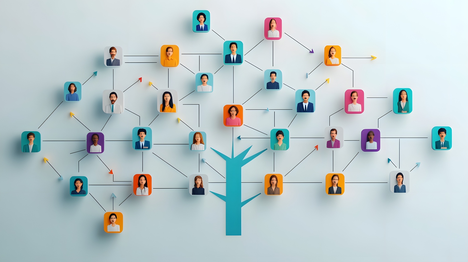 An illustration of an organization chart through a tree with multiple people and colors representing teams.