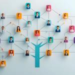 An illustration of an organization chart through a tree with multiple people and colors representing teams.