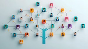 An illustration of an organization chart through a tree with multiple people and colors representing teams.