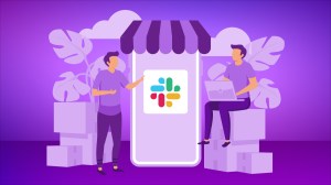 Illustration of two small business leaders using Slack on a mobile phone with purple background.