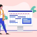 Illustration showing a woman pointing to a calendar enlarged on a computer with a pink background.