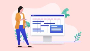 Illustration showing a woman pointing to a calendar enlarged on a computer with a pink background.