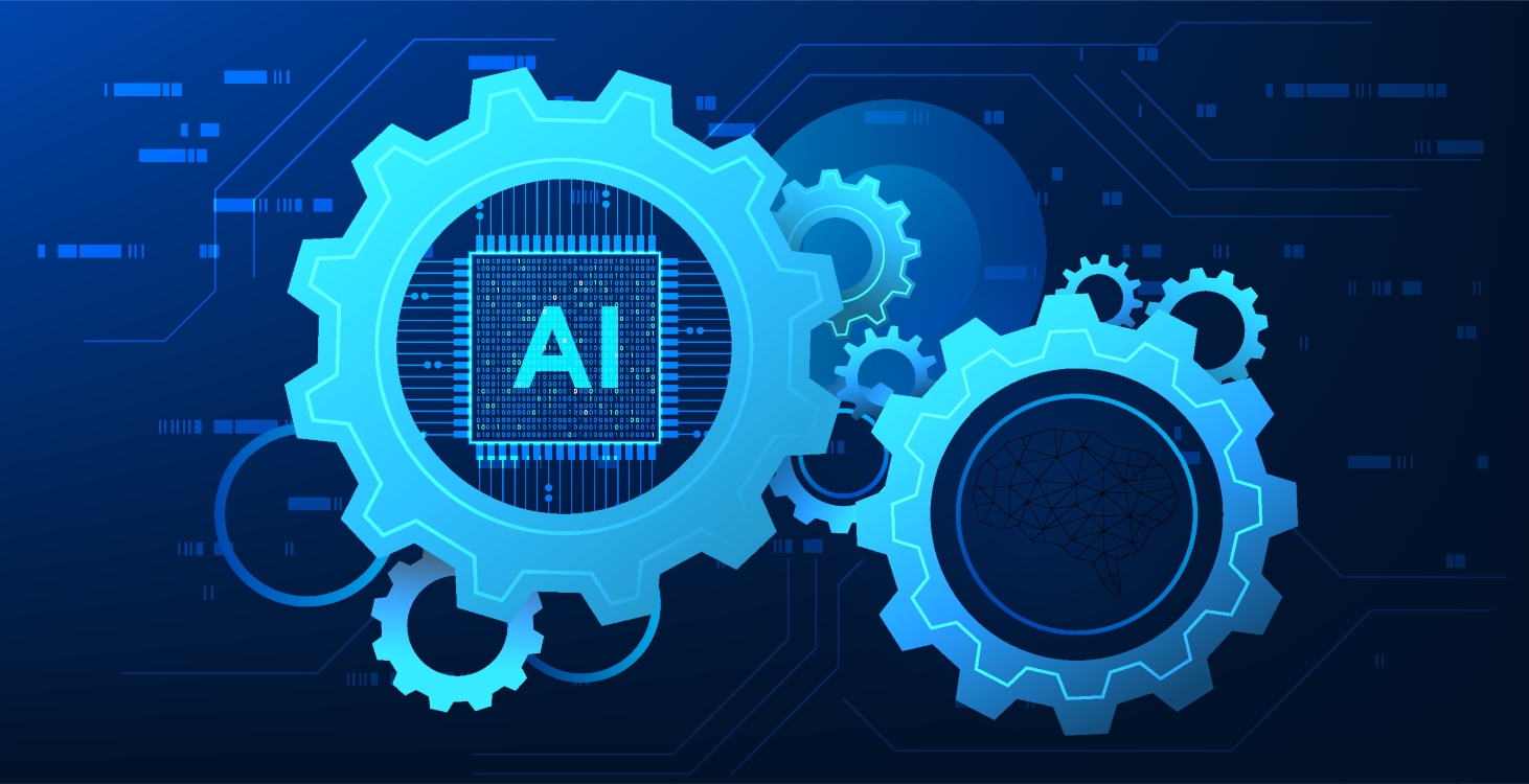 Illustration of future AI technology trends on icons with gears on a dark blue background.