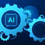 Illustration of future AI technology trends on icons with gears on a dark blue background.
