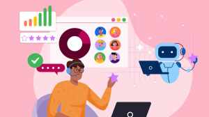 Illustration of a supervisor managing a contact center on their computer. Beside them is a robot who is also on a computer.