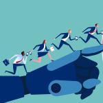 Illustration of a small business team running up an AI robot arm towards a target, representing AI audience targeting.