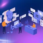 Illustration of AI literacy showing icons and computers with AI on a purple background.