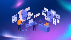 Illustration of AI literacy showing icons and computers with AI on a purple background.