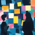 Illustration of customers looking at lots of sticky notes on a wall, showing customer analysis paralysis.
