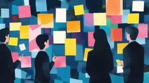 Illustration of customers looking at lots of sticky notes on a wall, showing customer analysis paralysis.