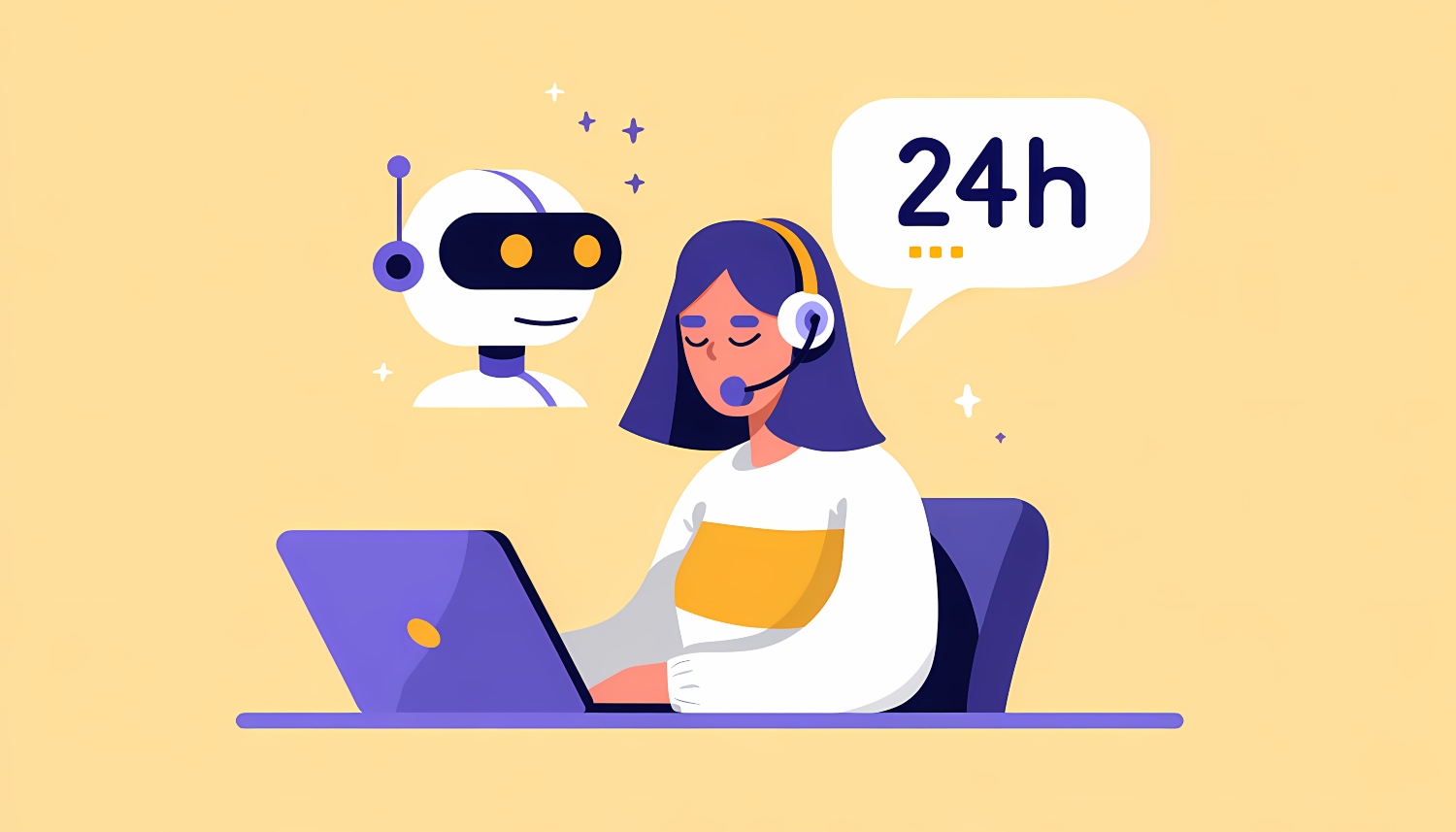 Illustration of helpdesk software and a small business user with an AI chatbot saying 24 hours.