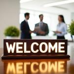 An office setting with a sign welcoming new customers in onboarding.
